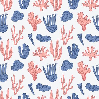 Seashells seamless pattern illustration nautical motif. Repeating background with conches, fish, sea plants for template, textile, print, card, poster. Texture for beach, sea, seafood, summer