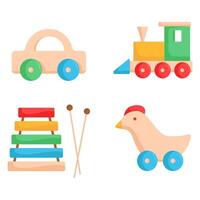 Classic Wooden Toy Vehicles and Instruments Illustration Set vector