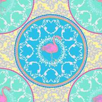 Vibrant medallion design featuring a pink flamingo in the center, surrounded by symmetrical damask-style motifs in pastel teal, yellow, and pink. For summer fashion prints tropical themed designs. vector