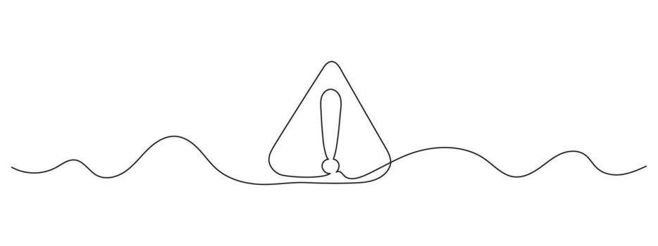 Continuous one line drawing of a danger sign icon. Exclamation mark inside a triangle. Minimalist outline symbol for warning, caution, or hazard concepts. vector