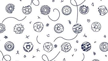 Seamless doodle pattern with tasty donuts and frosting. Hand-drawn sweet dessert background. Fun sketch style pastry texture for kids design, packaging, textile, or menu. vector