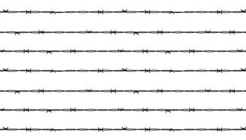 Black ink thin outline barbed wire isolated on white. Monochrome seamless linear pattern. Simple flat graphic with hand-drawn texture. Minimalist design. vector