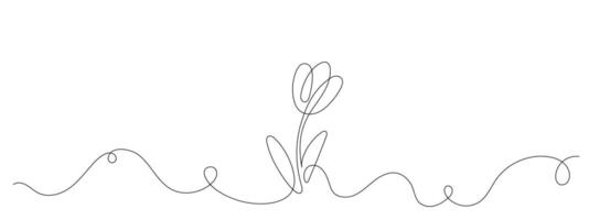One line tulip flower drawing. Minimalist continuous line sketch of tulip with leaves. Elegant abstract floral art. Hand drawn illustration. vector