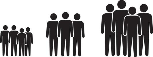 Black Silhouettes of People Groups Showing Varying Sizes Three Groups of Simple Human Figures in Black on White Background Illustrating Growth or Team vector