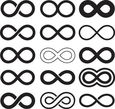 Collection of fifteen black infinity symbols graphics various thicknesses and styles lemniscate loop shapes endless eternity concept design elements vector