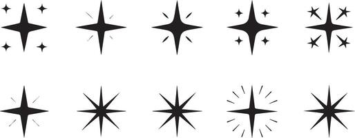Collection of Ten Black Starburst Silhouettes Graphics Various Sizes and Styles Simple Geometric Shapes Isolated on White Background Design vector