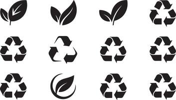 Black and White Traced Recycling Symbols and Leaf Icons Set Twelve Eco Friendly Graphic Elements Simple Flat Design Illustrations vector