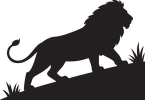 Black Silhouette of a Majestic Lion Walking on a Hillside Against a White Background Simple Graphic Design Element for Logos Prints and Web Designs vector