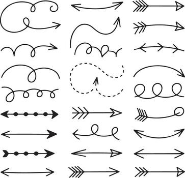 Collection of Hand Drawn Black Arrows Graphics Various Styles Straight Curved Swirls Dots Dashed Lines Design Elements for Web Print vector