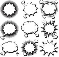 Twelve Black and White Comic Book Style Speech Bubbles and Explosion Shapes Graphic Set Empty Text Boxes for Dialogues and Effects vector