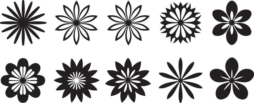 Ten Black and White Floral Designs Set Traced Line Art Graphic Elements Simple Flower Icons Illustrations