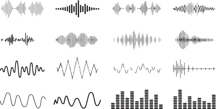 negro y blanco rastreado colección de varios sonido formas de onda y audio frecuencia visualizaciones incluso seno olas irregular patrones y bar gráficos vector