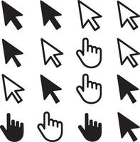 Collection of Black and White Cursor Icons Including Arrow Cursors and Hand Cursors Indicating Clicking and Pointing Gestures for Digital vector