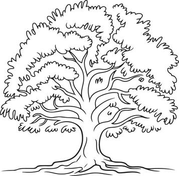 Black and White Line Art Silhouette Traced Illustration of a Large Deciduous Tree with Full Foliage and Thick Trunk Showing Extensive Root System vector