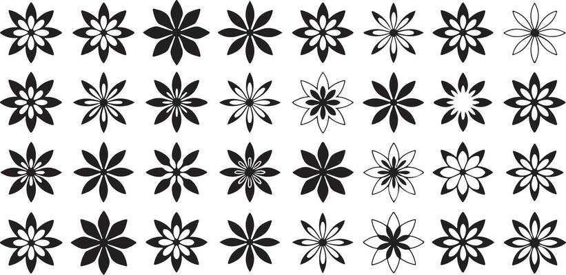 Thirty Six Black and White Traced Floral Designs Variations Symmetrical Flower Patterns Geometric Shapes Simple Elegant Style Graphic Elements