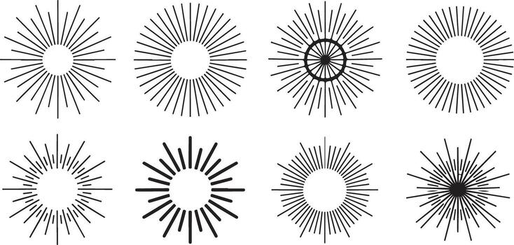 ocho negro y blanco rastreado rayos de sol diseños con variar línea grosor y interior circulo detalles circular geométrico patrones gráficos elementos vector