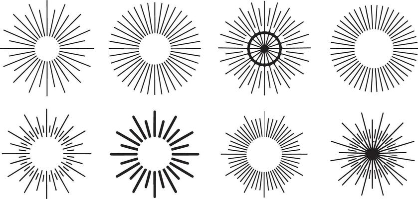 Eight Black and White Traced Sunburst Designs with Varying Line Thickness and Inner Circle Details Circular Geometric Patterns Graphics Elements