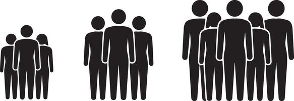 Black Silhouette Traced Figures Group Sizes Comparison Three Two Eight People Simple Icons vector