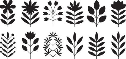 Twelve Black Silhouettes of Stylized Flowers and Plants Set on White Background Simple Floral Graphics Botanical Elements for Design Projects vector