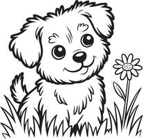 Black and White Illustration of a Cute Fluffy Puppy Sitting in the Grass Near a Daisy Flower Simple Cartoon Style Line Art Drawing for Coloring vector