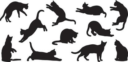 Twelve Black Cat Silhouettes in Various Poses a Collection of Black and White Traced Feline Images Showing Cats Jumping Sitting Lying Down and Stretching vector