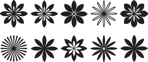 Twelve Black and White Floral Designs Set Traced Graphic Illustrations Simple Geometric Flower Shapes Monochrome Botanical Elements for Print vector