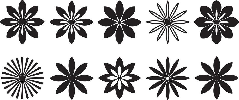 Twelve Black and White Floral Designs Set Traced Graphic Illustrations Simple Geometric Flower Shapes Monochrome Botanical Elements for Print