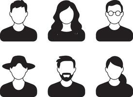 Six Black and White Simple Traced Silhouettes of People with Varying Hairstyles and Accessories Including a Hat and Glasses on a White Background vector