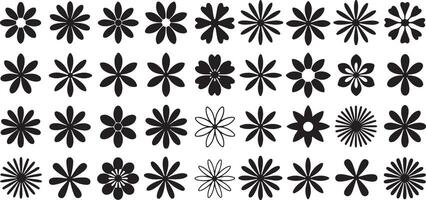 Thirty Six Black Silhouette Flower Designs Varied Petals Shapes and Sizes Simple Floral Graphics Set vector
