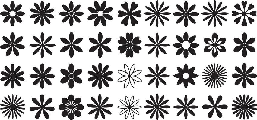 Thirty Six Black Silhouette Flower Designs Varied Petals Shapes and Sizes Simple Floral Graphics Set