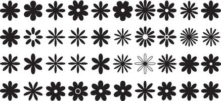 Black Silhouette Flower Designs Set Various Styles Simple Floral Elements Graphic Pattern Repeating Row Black and White Minimalist Botanical Illustration vector