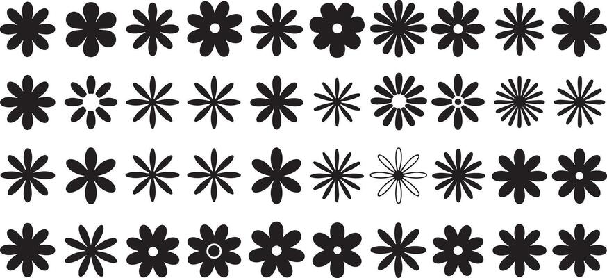 Black Silhouette Flower Designs Set Various Styles Simple Floral Elements Graphic Pattern Repeating Row Black and White Minimalist Botanical Illustration