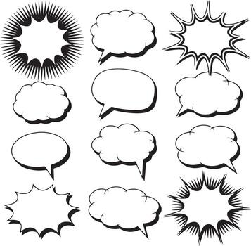 Twelve Black and White Comic Book Style Speech Bubbles and Starburst Shapes Illustration Set Empty Text Boxes Blank Dialog Boxes Retro Pop Art vector