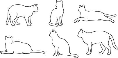 Six Black Line Drawings of Cats in Various Poses White Background Simple Minimalist Pet Animal Illustrations vector