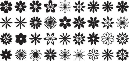 Thirty Six Black and White Flower Silhouettes Varied Designs Simple Floral Icons Graphics Set vector