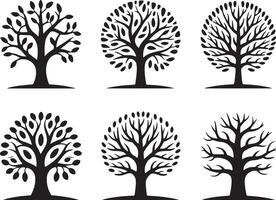 Six Black Silhouette Tree Illustrations Various Stages Leaf Growth Spring Summer Autumn Winter Bare Branches Stylized Nature Graphic Design Elements vector