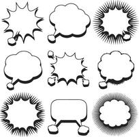 Nine Black and White Comic Book Style Speech Bubbles and Explosion Shapes Graphic Design Elements Set for Text or Dialogue Boxes vector