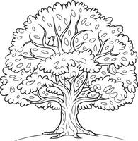 Black and White Line Drawing of a Large Tree with a Small Bird Silhouette in its Branches Detailed Foliage and Thick Trunk Illustrated with Simple vector