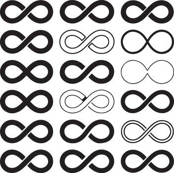 Black and White Infinity Symbol Variations Graphic Set Multiple Thicknesses and Styles Lemniscate Loop Designs for Branding and Design Projects vector