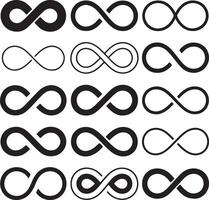 Black and White Infinity Symbols Collection Various Line Weights and Styles Set of Fifteen Lemniscate Icons Graphic Design Elements vector