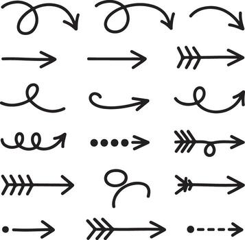 Collection of Hand Drawn Black Arrows Graphics Various Styles Curved Straight Swirls Dots Simple Line Art Design Elements for Web Design Print vector