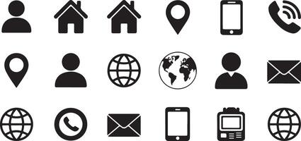 Black Silhouette Contact Icons Set Website Mobile Phone Email Globe Map Location User Profile Home Address Communication Symbols Glyphs vector