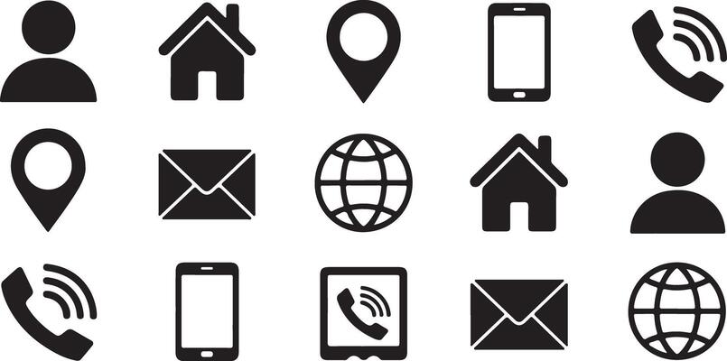 Black Silhouette Contact Icons Set Website Navigation Symbols Collection User Interface Elements Graphic Design Simple Minimalist Style Communication