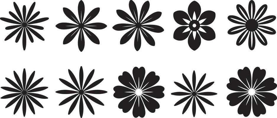 Twelve Black Silhouettes of Stylized Flowers Arranged in Two Horizontal Rows on White Background Simple Floral Designs Set Graphics