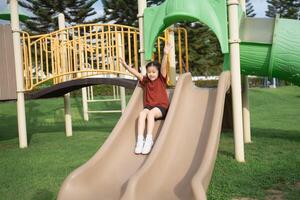 Joyful Child Sliding Down Playground Slide with Excitement in Sunny Outdoor Environment Surrounded by Trees and Play Structures photo