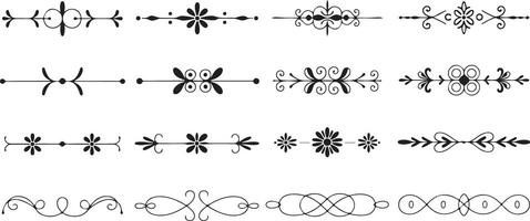 Twelve Black Silhouette Traced Decorative Elements Set Floral Swirls Lines Dividers Vintage Style Hand Drawn Ornament Design vector