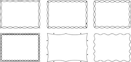 Six Black and White Traced Decorative Frames with Varied Border Designs Square Rectangular and Wavy Line Patterns Empty White Centers for Text or Images vector