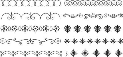 Eight Black Silhouette Traced Decorative Borders Featuring Circles Flowers Swirls and Geometric Patterns on White Background vector