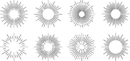Eight Black and White Linear Sunburst Designs Traced Circular Geometric Patterns Graphic Elements Set vector