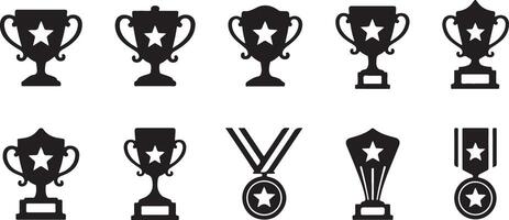 Black Silhouettes of Various Award Trophies and Medals Featuring a Central Star Design on a White Background Collection of Ten Achievement Icons vector